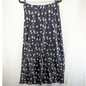 Vintage Anchor Blue Floral Print Midi Skirt Medium Navy Blue Polyester